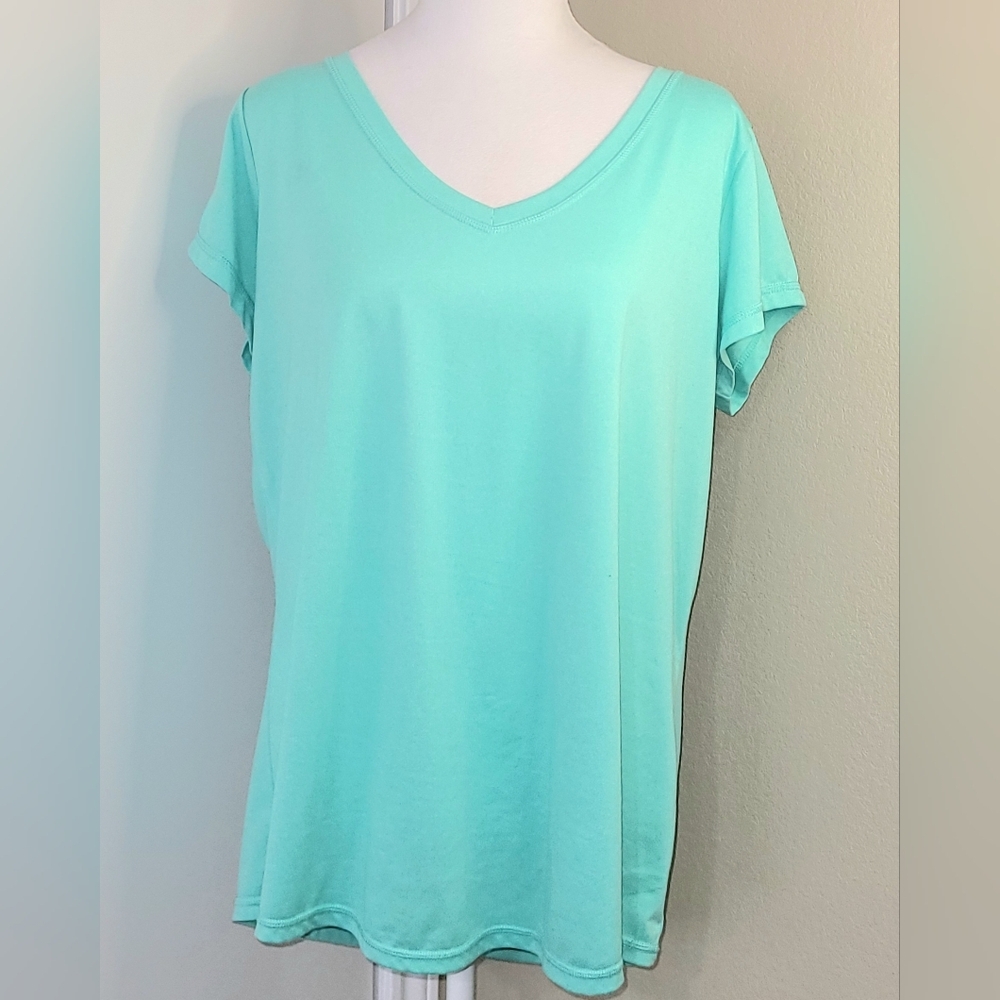 Xersion Green Relaxed Short Sleeve V-Neck Tee, Size XL, Beautiful Teal Blouse
